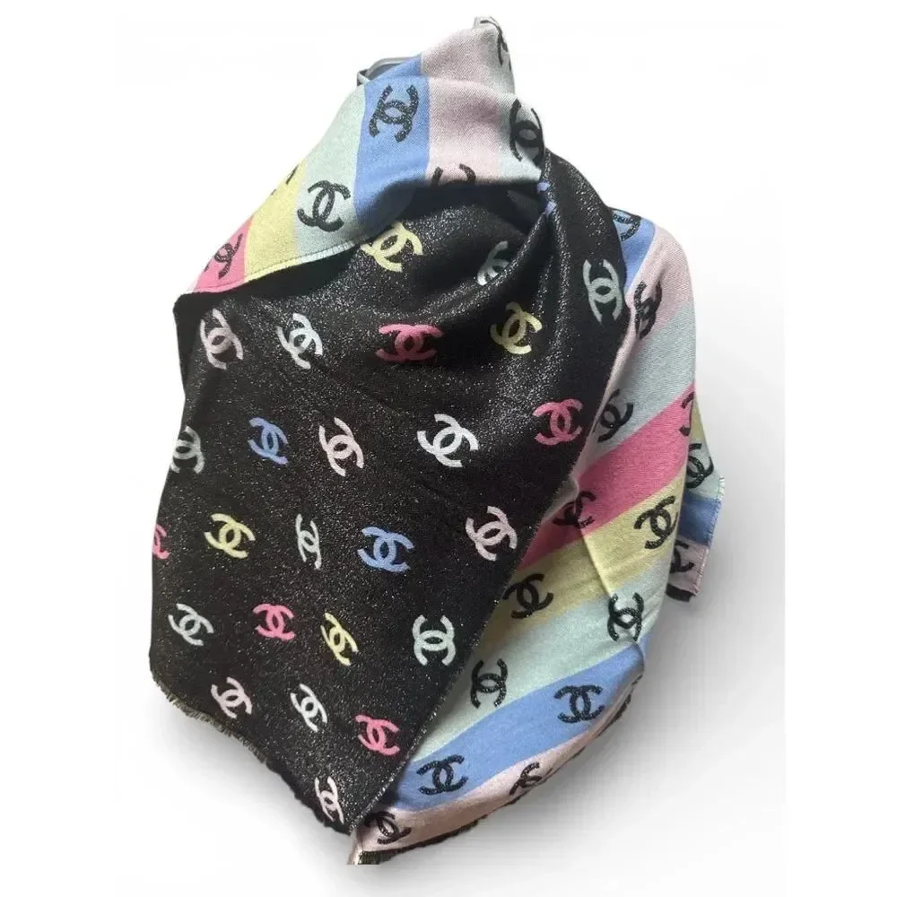 NWT Chanel Rainbow Shine Reversible CC Logo Cashmere Wool Silk Wrap Scarf 2024